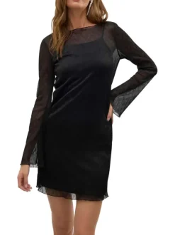 Robe courte noire unie droite à col rond et à manches longues en voile