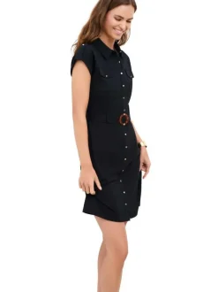 Robe courte noire unie en coton avec une coupe ajustée et un col chemise