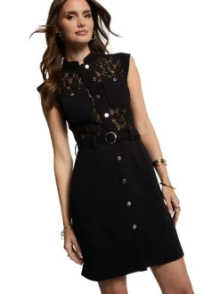 Robe courte noire unie en dentelle ajourée à coupe droite sans manches