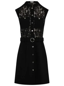 Robe courte noire unie en dentelle ajourée à coupe droite sans manches