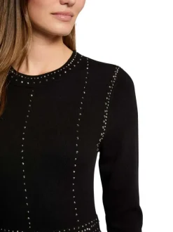 Robe courte noire unie patineuse cintrée, col rond et à manches longues et clous