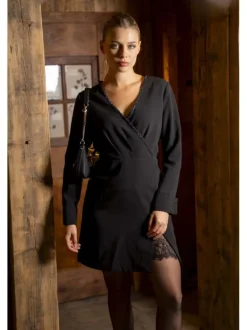 Robe courte noire unie zippée au dos à col cache-coeur avec des strass