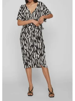 Robe courte noire zebré à coupe portefeuille col v et à manches courtes