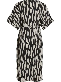 Robe courte noire zebré à coupe portefeuille col v et à manches courtes