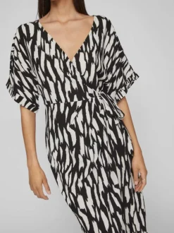 Robe courte noire zebré à coupe portefeuille col v et à manches courtes