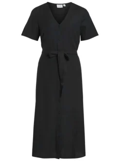 Robe courte noir uni avec une coupe droite à col v et des manches courtes