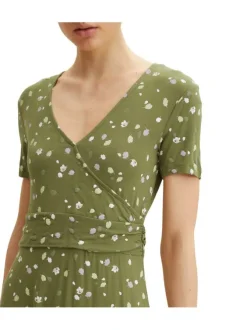 Robe courte olive avec imprimé liberty coupe évasée col v à manches courtes
