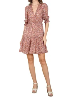 Robe courte orange fantaisie coupe droite avec un col cache-coeur et un imprimé liberty