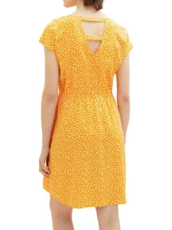 Robe courte orange fleurie à coupe ajustée col rond et à manches courtes