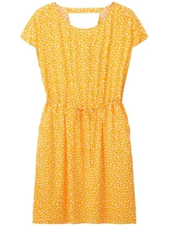 Robe courte orange fleurie à coupe ajustée col rond et à manches courtes