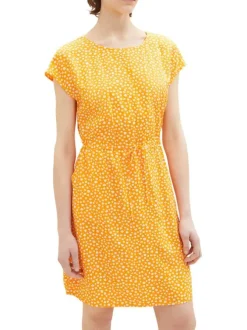 Robe courte orange fleurie à coupe ajustée col rond et à manches courtes