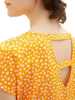 Robe courte orange fleurie à coupe ajustée col rond et à manches courtes