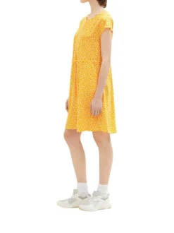 Robe courte orange fleurie à coupe ajustée col rond et à manches courtes