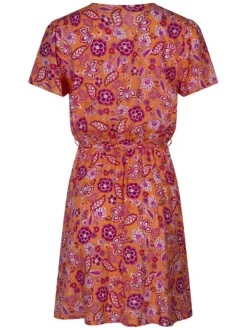 Robe courte orange florale pourvue d'une coupe évasée et des manches courtes