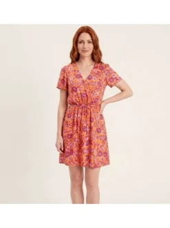 Robe courte orange florale pourvue d'une coupe évasée et des manches courtes