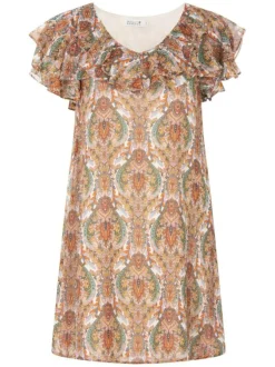 Robe courte orange imprimée avec des manches courtes et une coupe droite