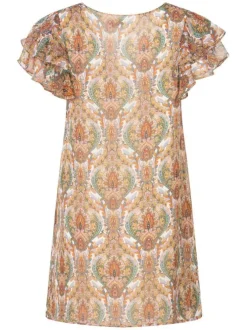 Robe courte orange imprimée avec des manches courtes et une coupe droite