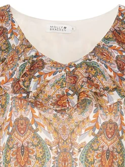 Robe courte orange imprimée avec des manches courtes et une coupe droite