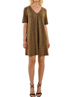 Robe courte or unie avec une coupe droite à col v et des manches courtes