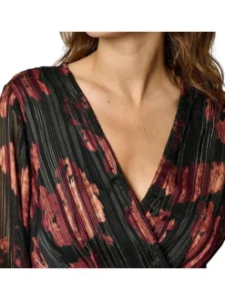 Robe courte portefeuille noire imprimée à motif fleuri et à manches longues