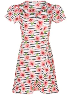 Robe courte rose en coton avec imprimé florale à col v et manches courtes