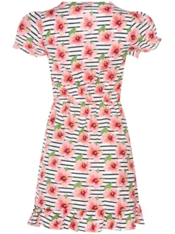 Robe courte rose en coton avec imprimé florale à col v et manches courtes