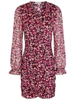 Robe courte rose florale avec une coupe cintrée et un col V