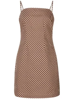 Robe courte rouge carreaux coupe ajustée col rond et à manches à bretelles