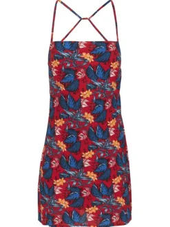 Robe courte rouge fleurie à col carré avec décolleté rond dans le dos