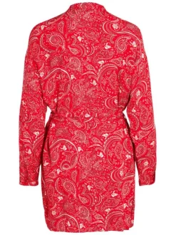 Robe courte rouge imprimé cachemire à coupe droite et col tunisien