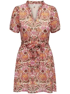 Robe courte rouge imprimée coupe droite col tunisien et à manches courtes