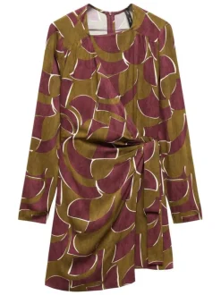 Robe courte rouge imprimé géométrique avec coupe portefeuille et col asymétrique