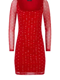 Robe courte rouge pour femme en résille à pois coupe droite