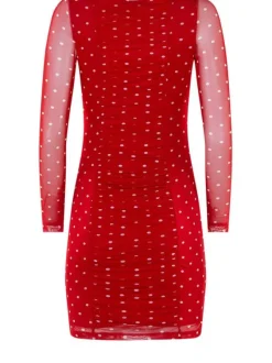 Robe courte rouge pour femme en résille à pois coupe droite