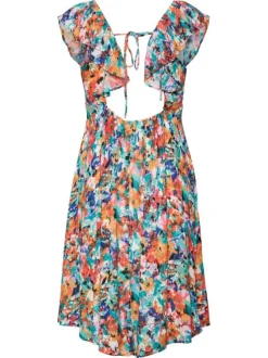 Robe courte sans manches multicolore fleurie à coupe évasée et col rond