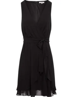 Robe courte sans manches noire unie avec une coupe ajustée et un col v