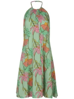Robe courte sans manches vert d'eau fleurie à coupe ajustée et col rond