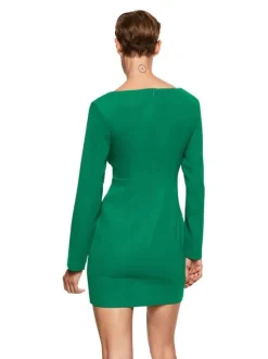 Robe courte Sky verte coupe ajustée à col carré et manches longues