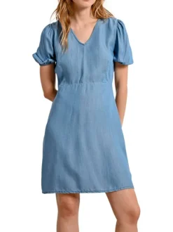 Robe courte stone uni avec une coupe droite un col v et des manches courtes