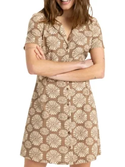 Robe courte taupe avec des motifs fleuris une coupe droite et un col v à revers