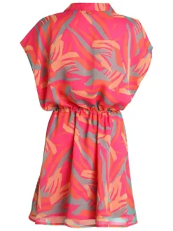 Robe courte tricolore avec un col à revers et à coupe fluide ajustée à la taille