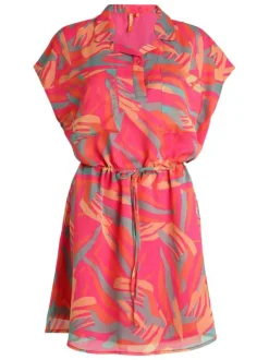 Robe courte tricolore avec un col à revers et à coupe fluide ajustée à la taille