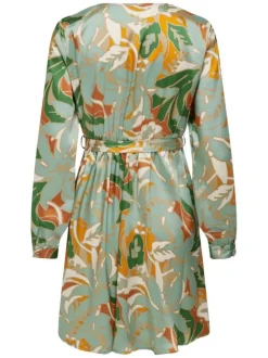 Robe courte vert d'eau fleurie coupe droite col v et à manches longues