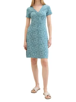 Robe courte verte fleurie coupe droite col v et à manches courtes