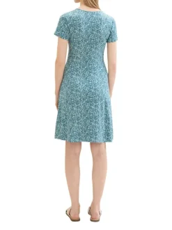 Robe courte verte fleurie coupe droite col v et à manches courtes