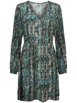 Robe courte verte imprimé abstrait à coupe fluide col v et à manches longues