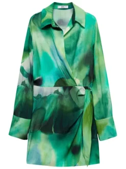 Robe courte verte imprimée à coupe ajustée avec col à revers et manches longues