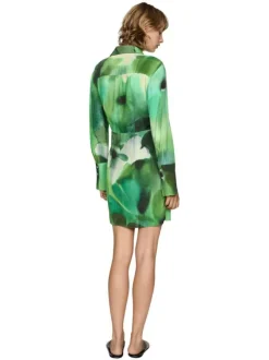 Robe courte verte imprimée à coupe ajustée avec col à revers et manches longues