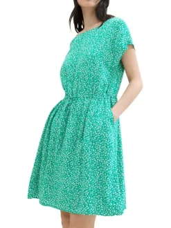 Robe courte verte imprimée coupe droite col carré et à manches courtes