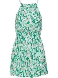 Robe courte verte imprimé tacheté à coupe droite col rond et sans manches